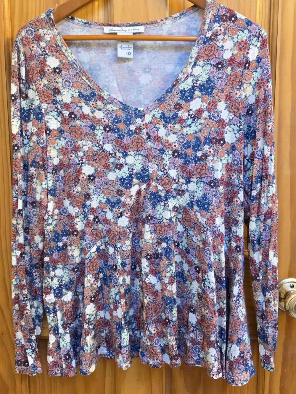 American Rag Floral V-Neck Long Sleeve Top in Rust, Navy & Cream